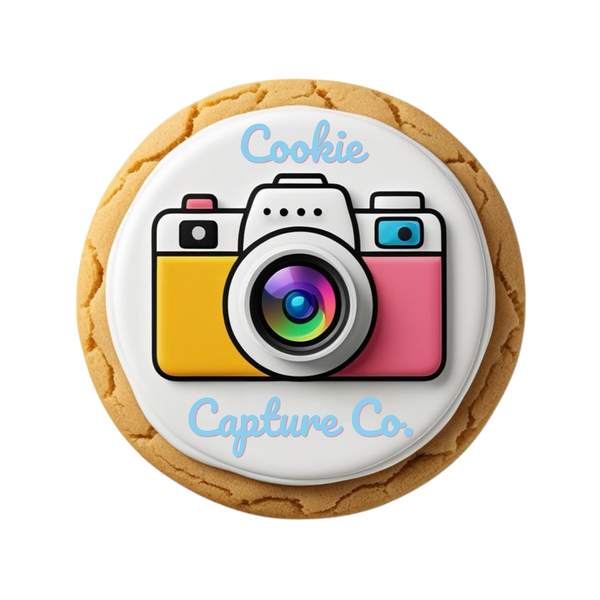 Cookie with a camera design and 'Cookie Capture Co' text on a white background