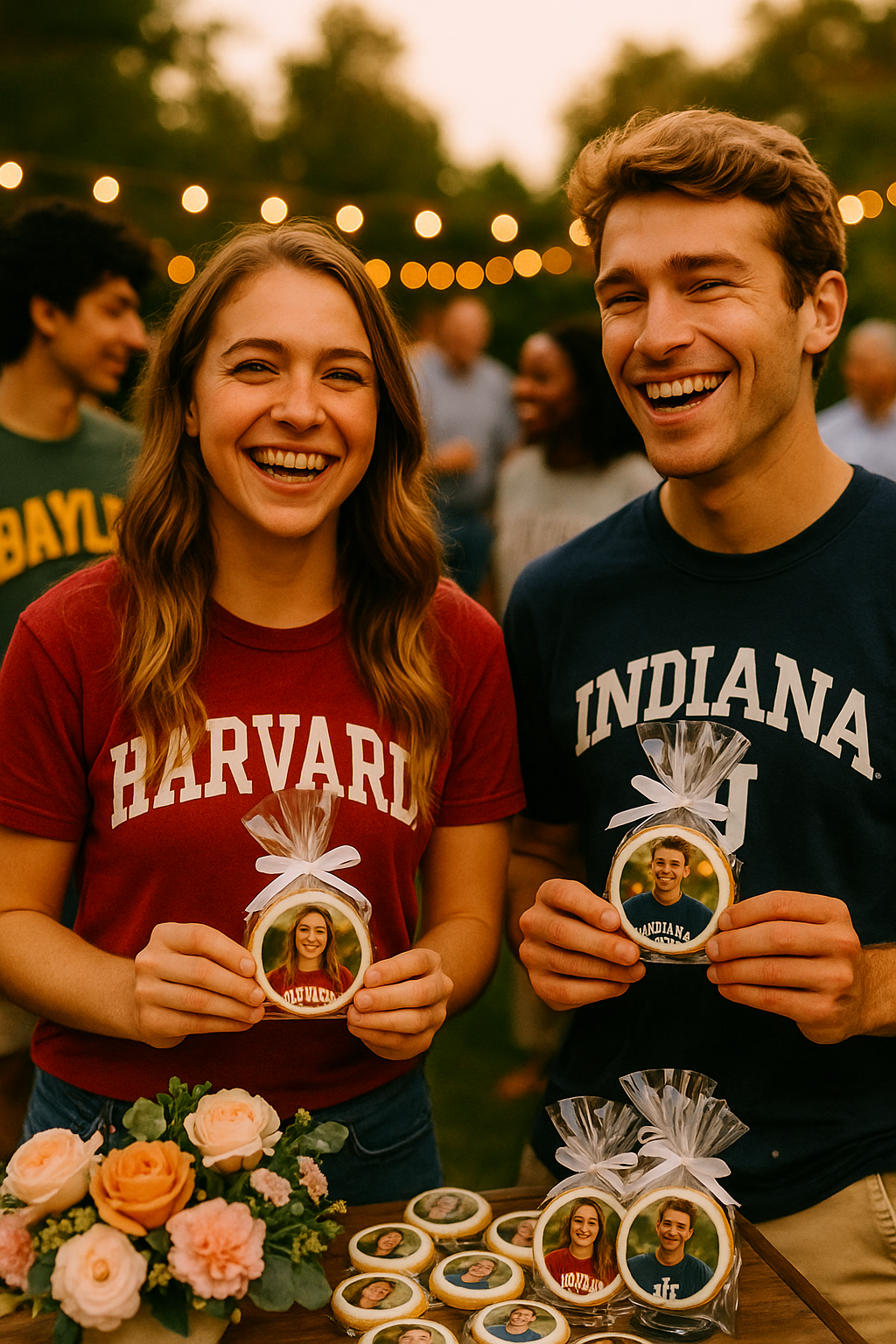Two people holding decorative items with photos, wearing Harvard and Indiana shirts, in a social setting.