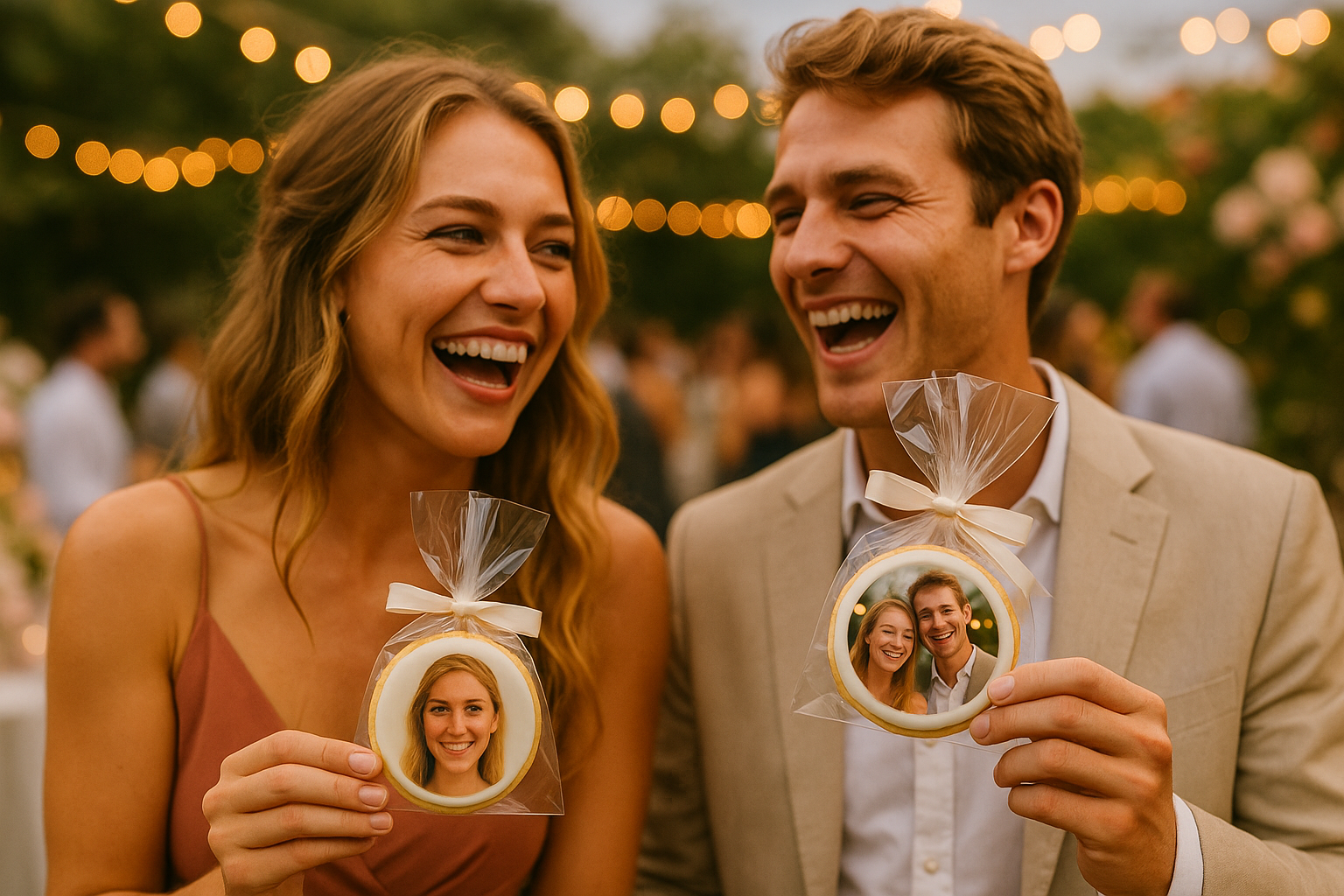Man and woman holding cookies with photos of themselves on a blurred outdoor background